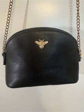 Black Leather Crossbody Purse with Gold Bee Charm